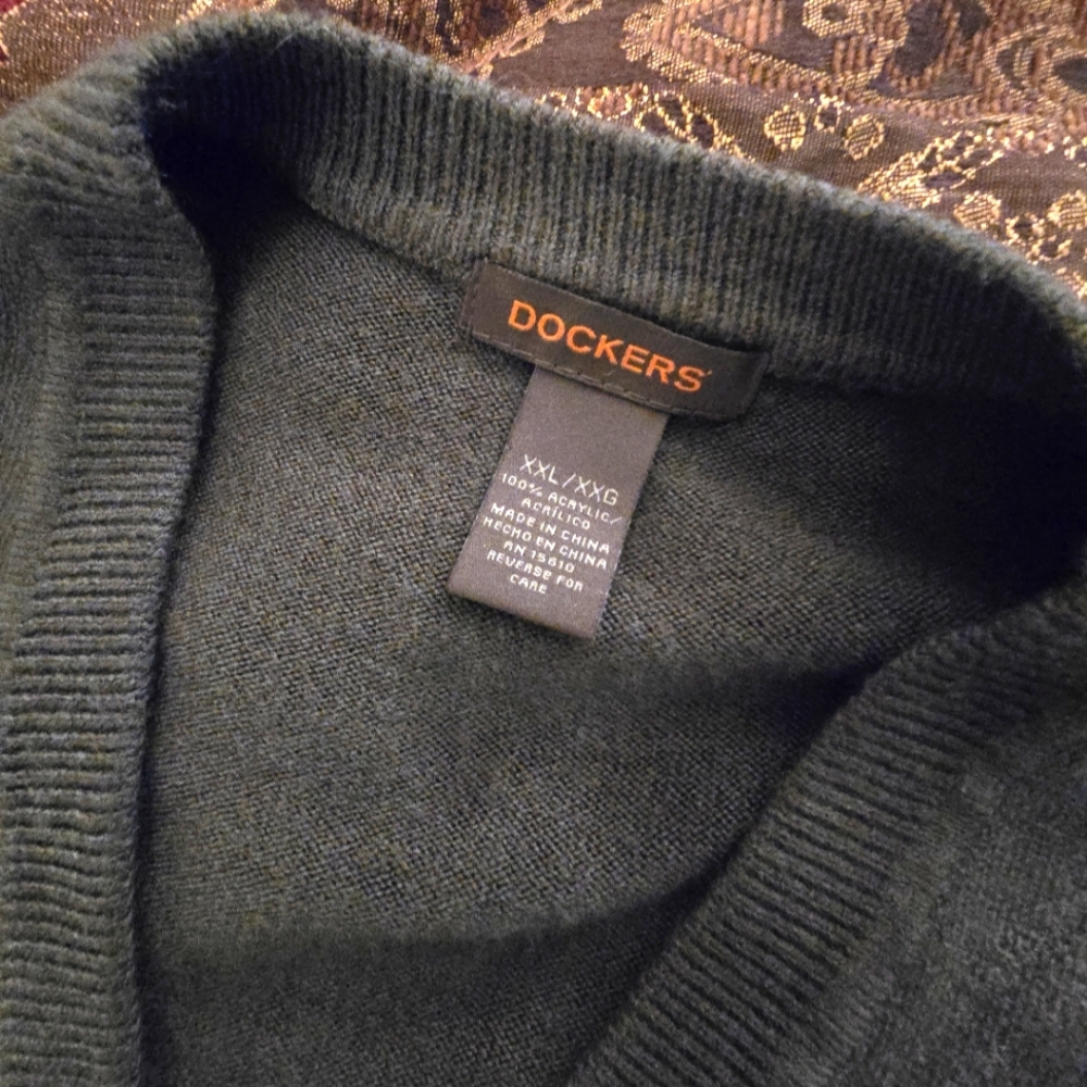 Dockers olive green Casmere  V-Neck Sweater with Long Sleeves and Relaxed Fi…